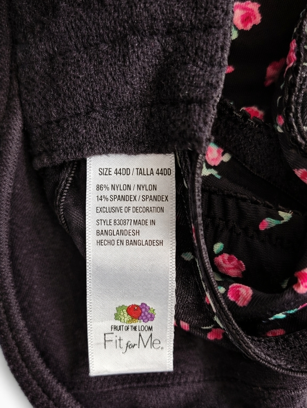 Women's Floral Print Underwire Bra in Black and Pink Size 44DD - Picture 4 of 4